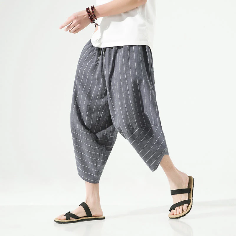 Buddha Stones Casual Plain Stripes Pattern Drawstring Men's 7-8 Length Cotton Linen Harem Pants With Pockets