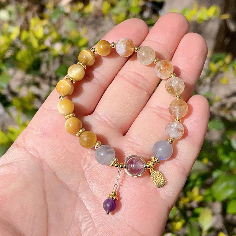 Buddha Stones Natural Citrine Tiger Eye Fu Character Prosperity Bracelet