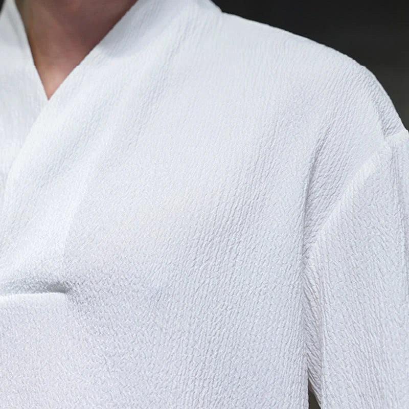 Buddha Stones Simple V-Neck Long Sleeve T-Shirt Men Clothing