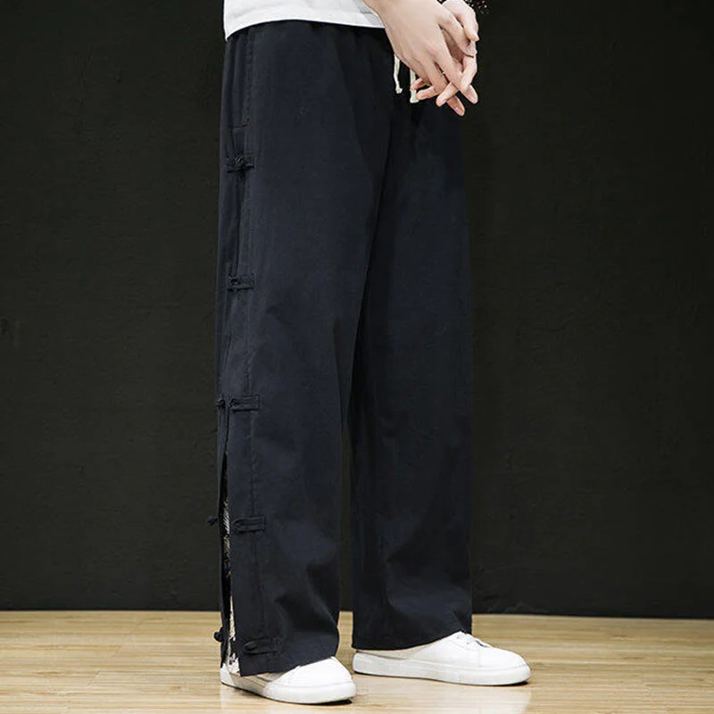 Buddha Stones Casual Patchwork Crane Pattern Frog-Button Design Men's Wide Leg Pants With Pockets