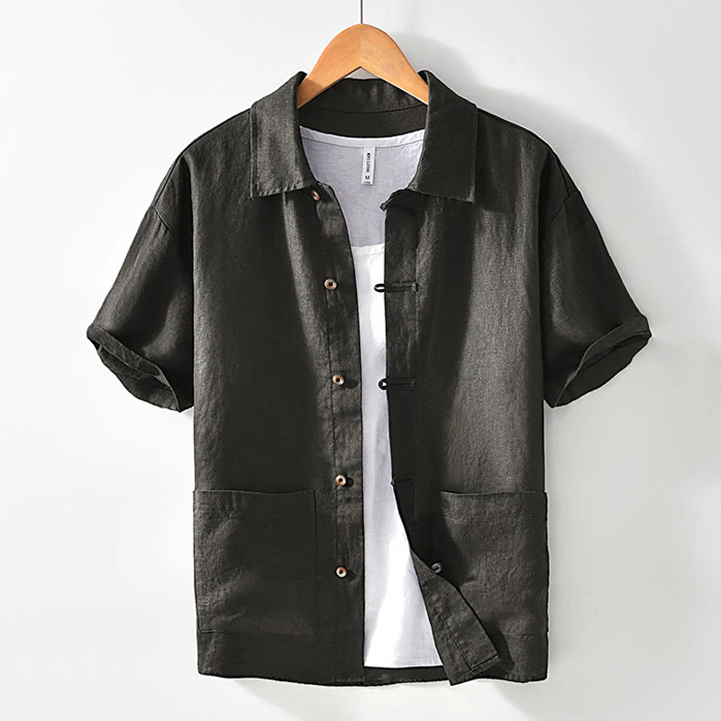 Buddha Stones Solid Summer Short Sleeve Buttons Linen Men's Shirt With Pockets