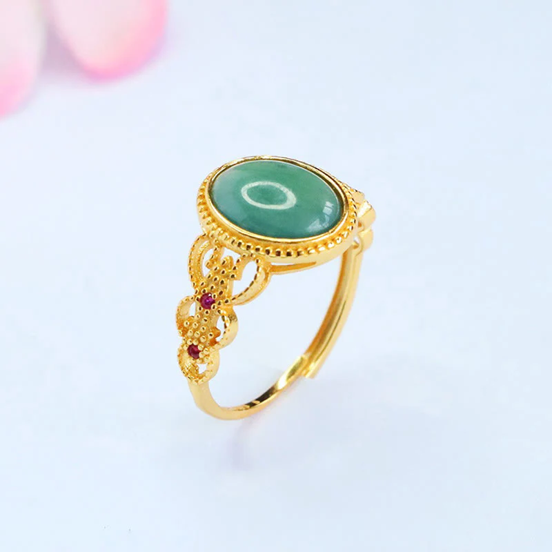 Buddha Stones Natural 925 Sterling Silver Plated Gold Hollow Design Jade Luck Ring