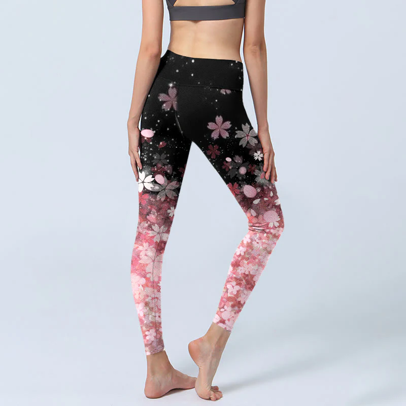 Buddha Stones Pink Cherry Blossoms Print Exercise Leggings Women's Yoga Pants