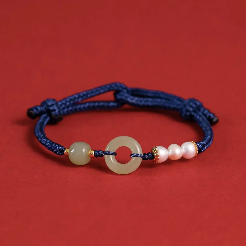 Buddha Stones Natural Hetian Jade Pearl Peace Buckle Luck Bracelet