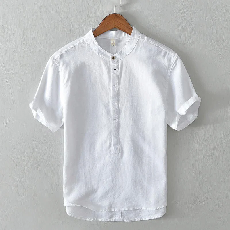 Buddha Stones Causal Simple Design Short Sleeve Cotton Linen Half Button Men's Shirt