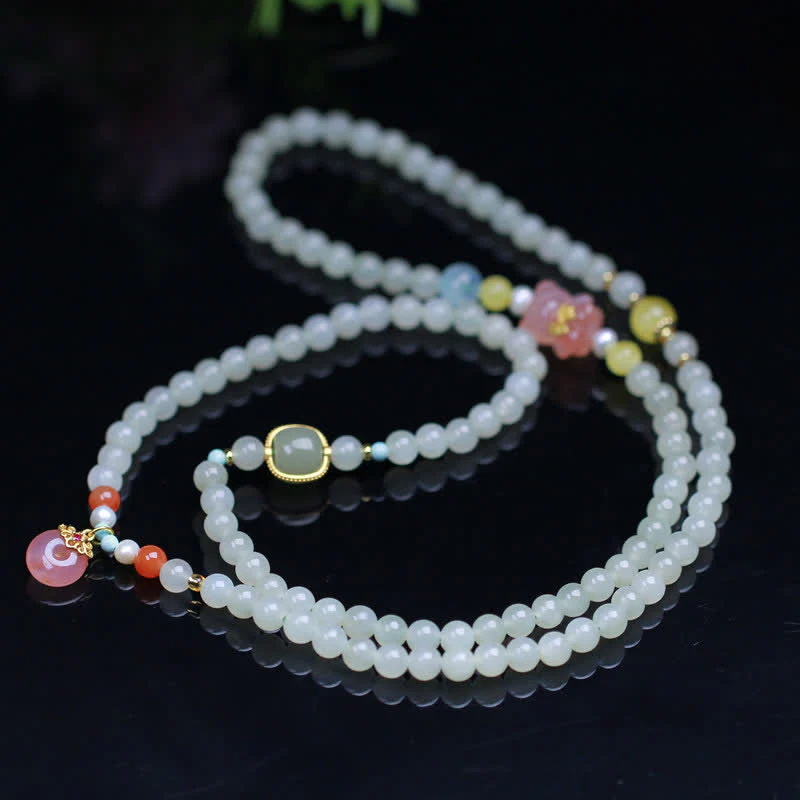 Buddha Stones Natural Hetian Jade Pink Crystal Peace Buckle Happiness Abundance Bracelet