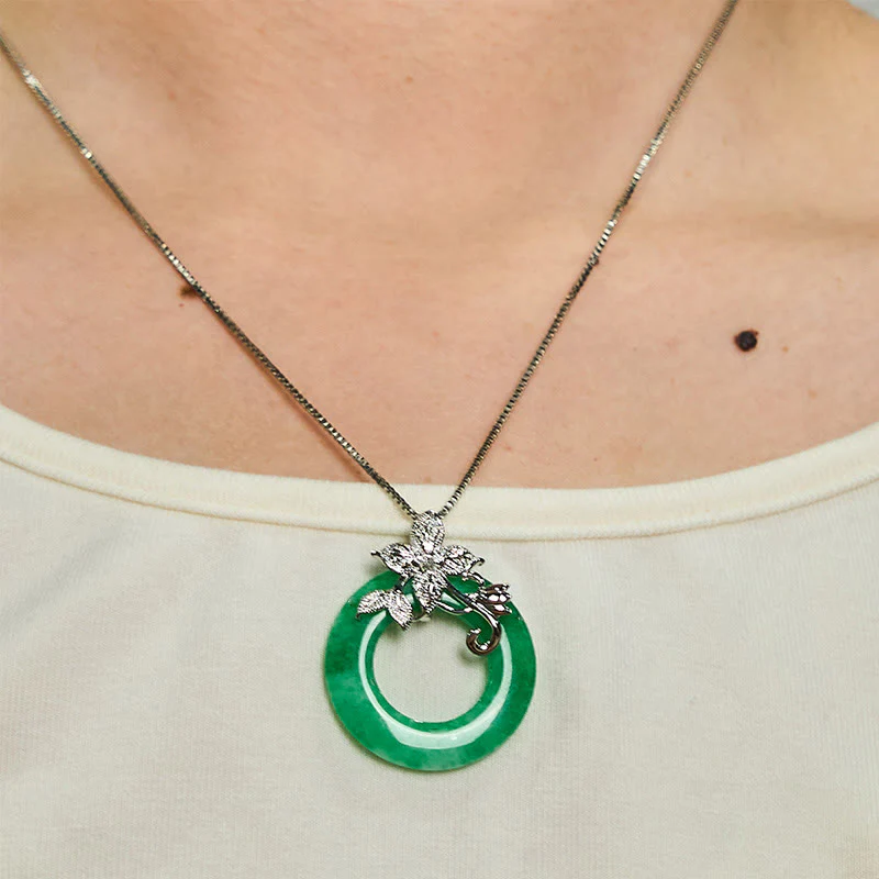 Buddha Stones Cyan Jade Peace Buckle Alloy Flower Healing Luck Necklace Pendant