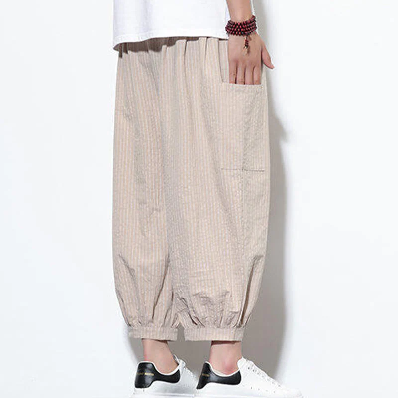 Buddha Stones Casual Striped Men's Cotton 7-8 Length Harem Pants With Pockets