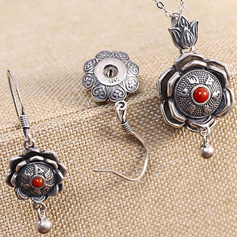 Buddha Stones 925 Sterling Silver Om Mani Padme Hum Lotus Peace Necklace Pendant Earrings