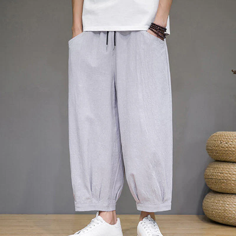 Buddha Stones Casual Plain Men's Cotton 7-8 Length Harem Pants With Pockets