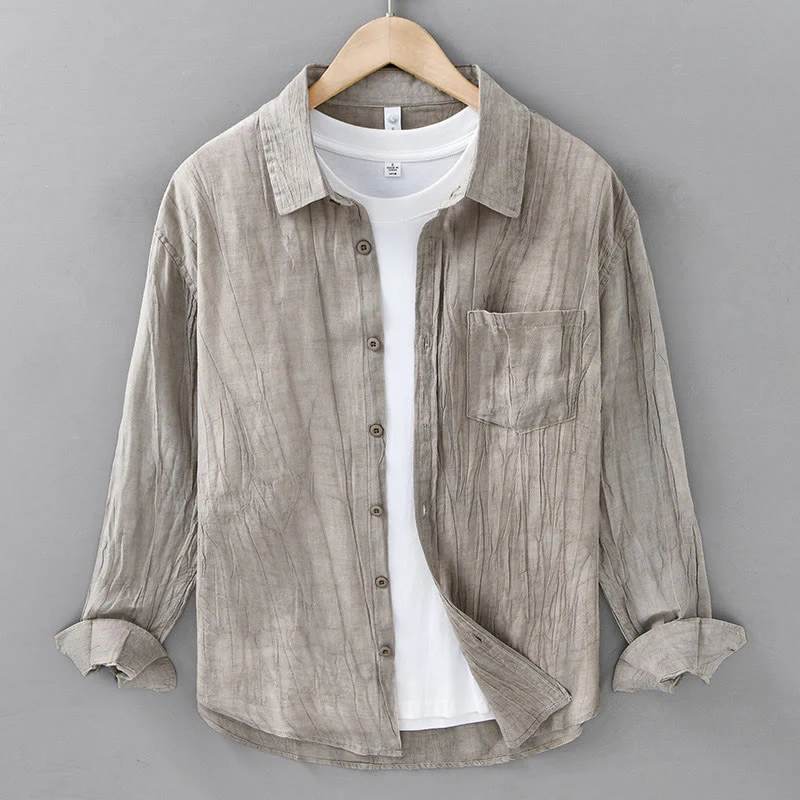 Buddha Stones Retro Pleats Buttons Men's Long Sleeve Ramie Linen Shirt With Pockets