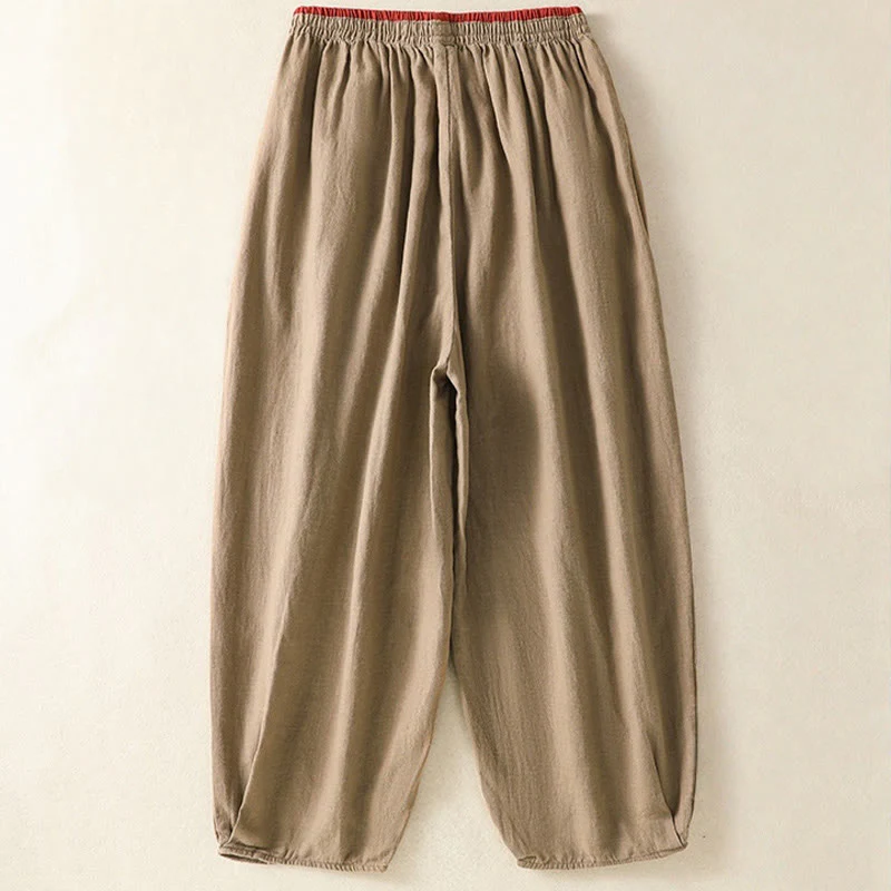 Buddha Stones Casual Embroidery Women's Cotton Linen 7-8 Length Harem Pants With Pockets