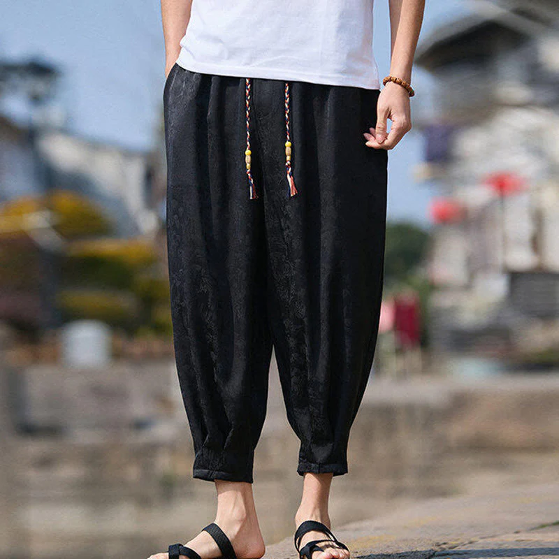 Buddha Stones Summer Character Embroidery Design Drawstring Men's 7-8 Length Pants With Pockets