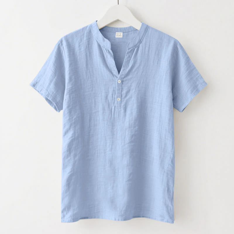 Buddha Stones Solid Summer Short Sleeve Half Buttons Linen Men's Shirt