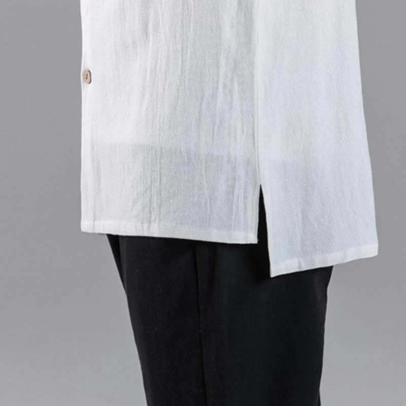 Buddha Stones Embroidered Auspicious Clouds Stand Collar Button Down Long Sleeve Men's Cotton Shirt