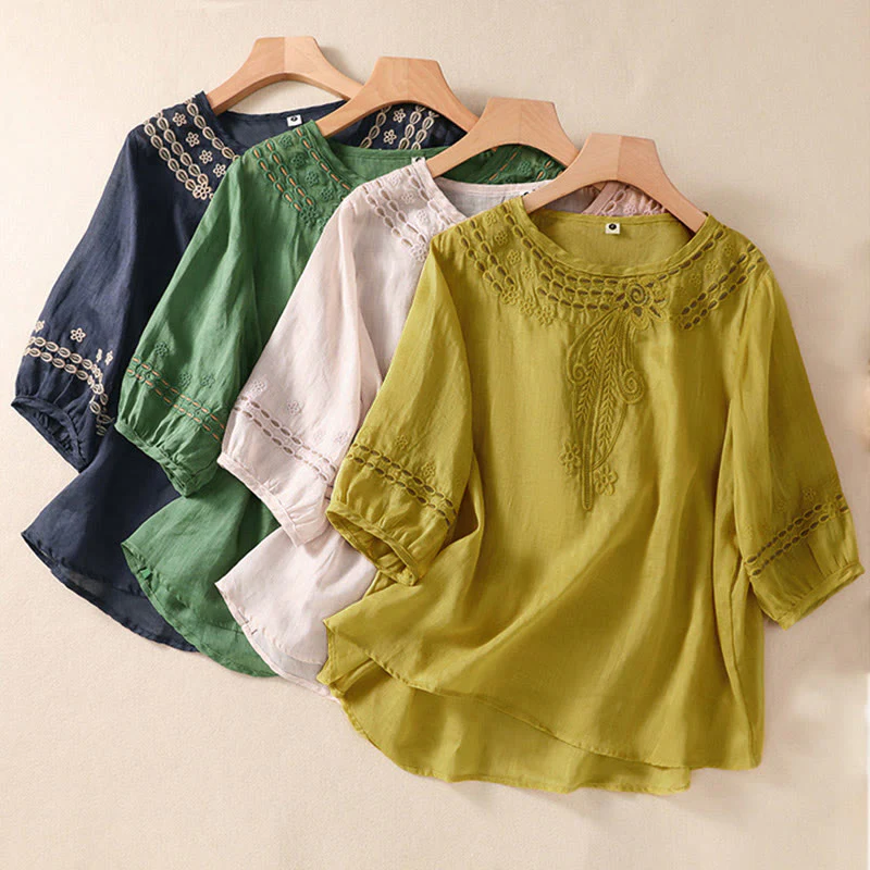 Buddha Stones Women's Crew Neck Hollow Design Half Sleeve Cotton Linen Shirt