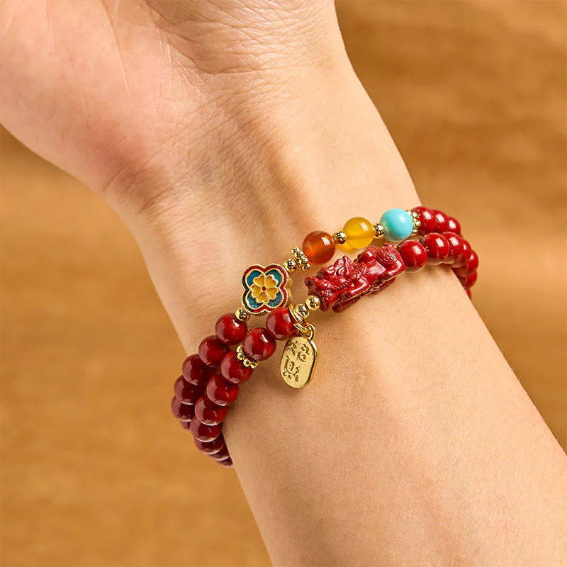 Buddha Stones Cinnabar PiXiu Fu Character Blessing Double Wrap Bracelet