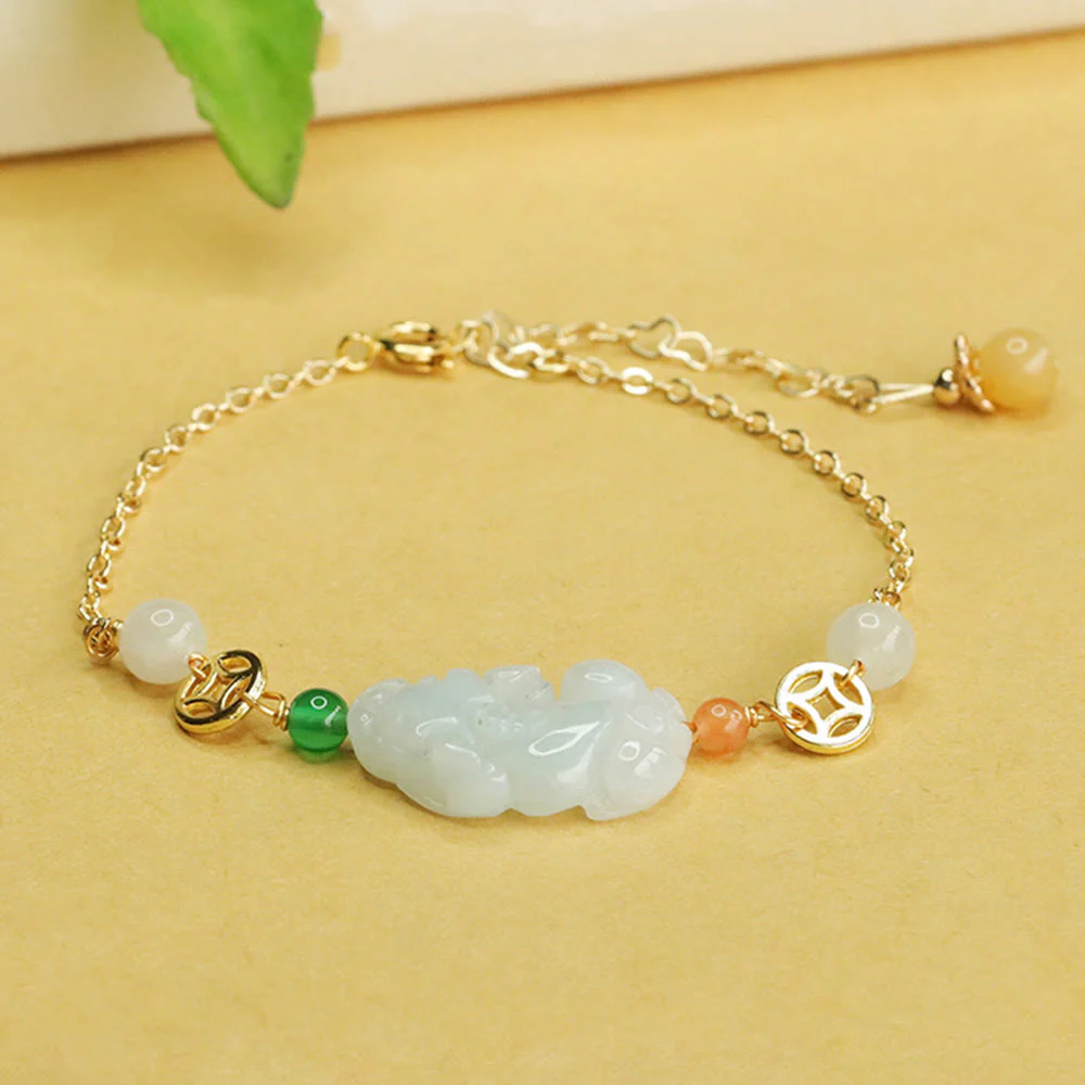 Buddha Stones Natural Jade PiXiu Carved Copper Coin Luck Chain Bracelet