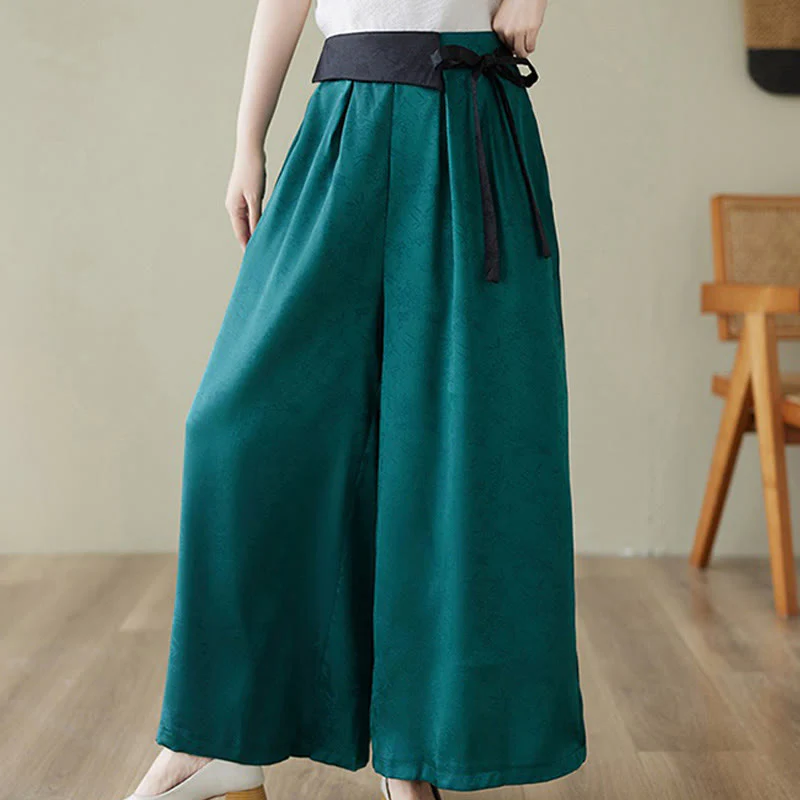 Buddha Stones Casual Jacquard Lace-up Cotton Women's Wide Leg Pants With Pockets