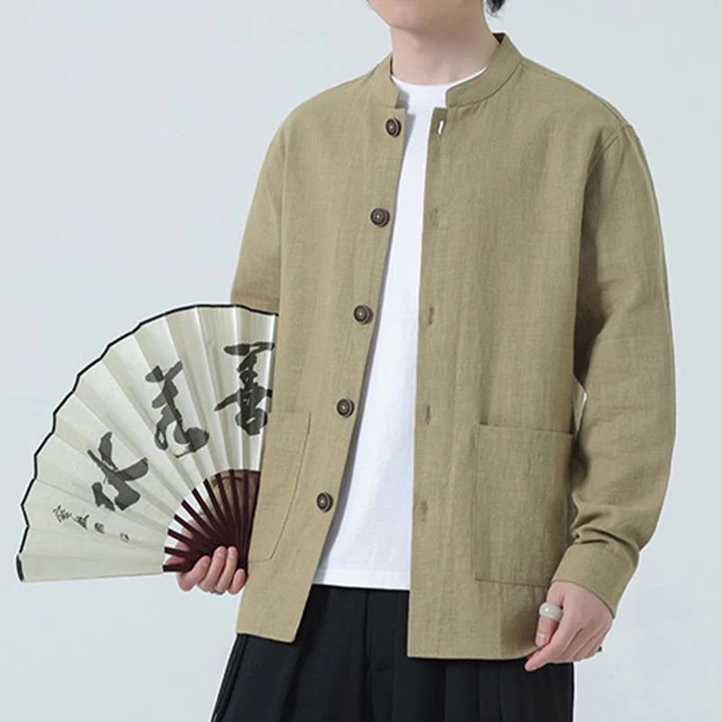 Buddha Stones Men's Button Ramie Linen Cotton Fleece Lined Jacket Shirt With Pockets