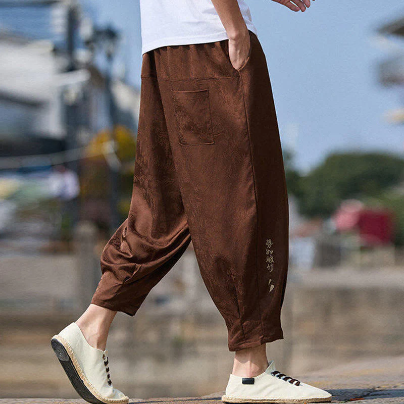 Buddha Stones Summer Character Embroidery Design Drawstring Men's 7-8 Length Pants With Pockets