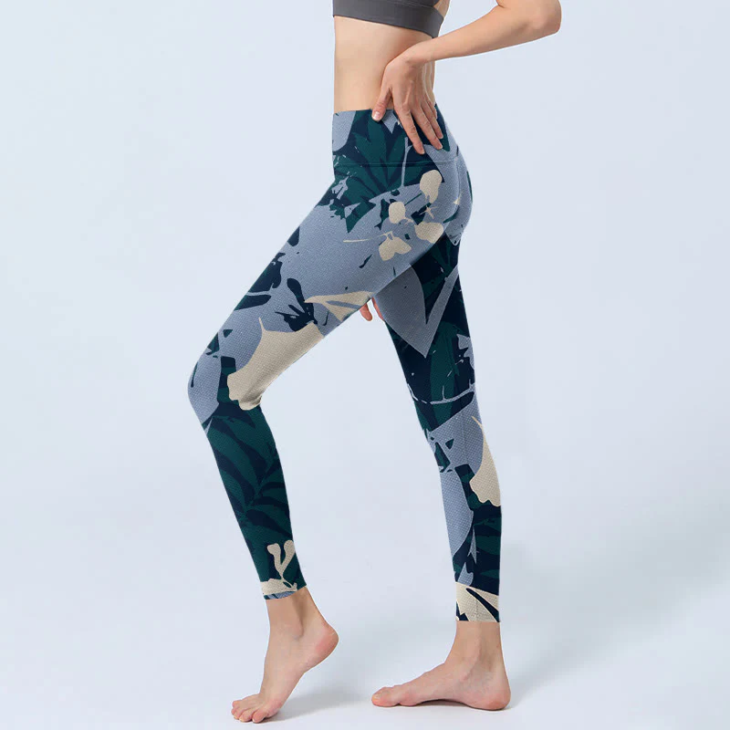 Buddha Stones Blue Plant Leaves Print Gym Leggings Women's Yoga Pants