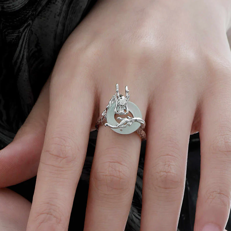 Buddha Stones 925 Sterling Silver Dragon Peace Buckle Quartzite Jade Balance Ring
