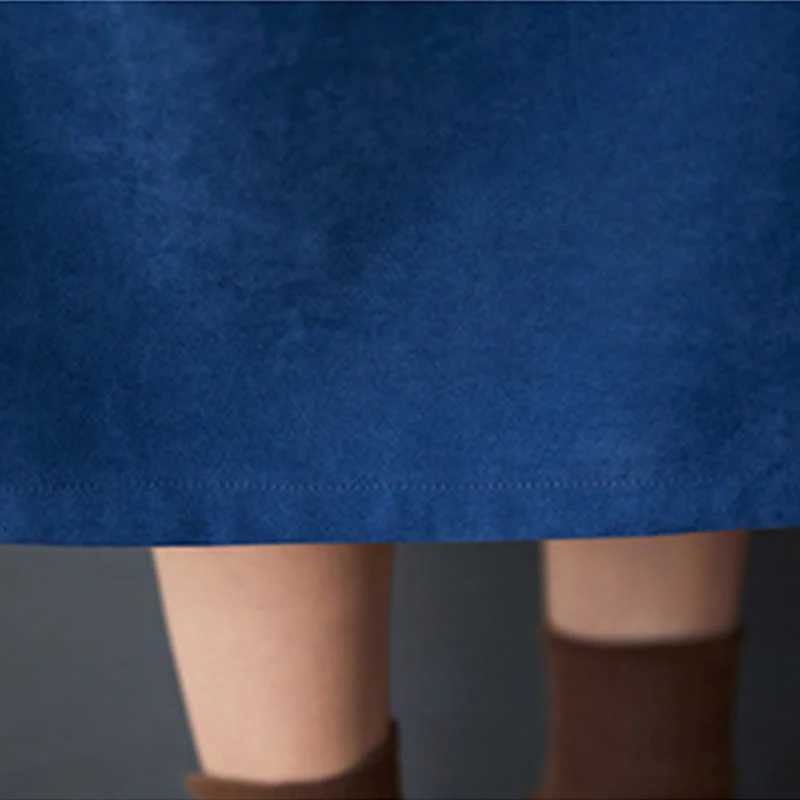 Buddha Stones Casual Plain Buttons Design Thermal Cotton Linen Midi Dress With Pockets