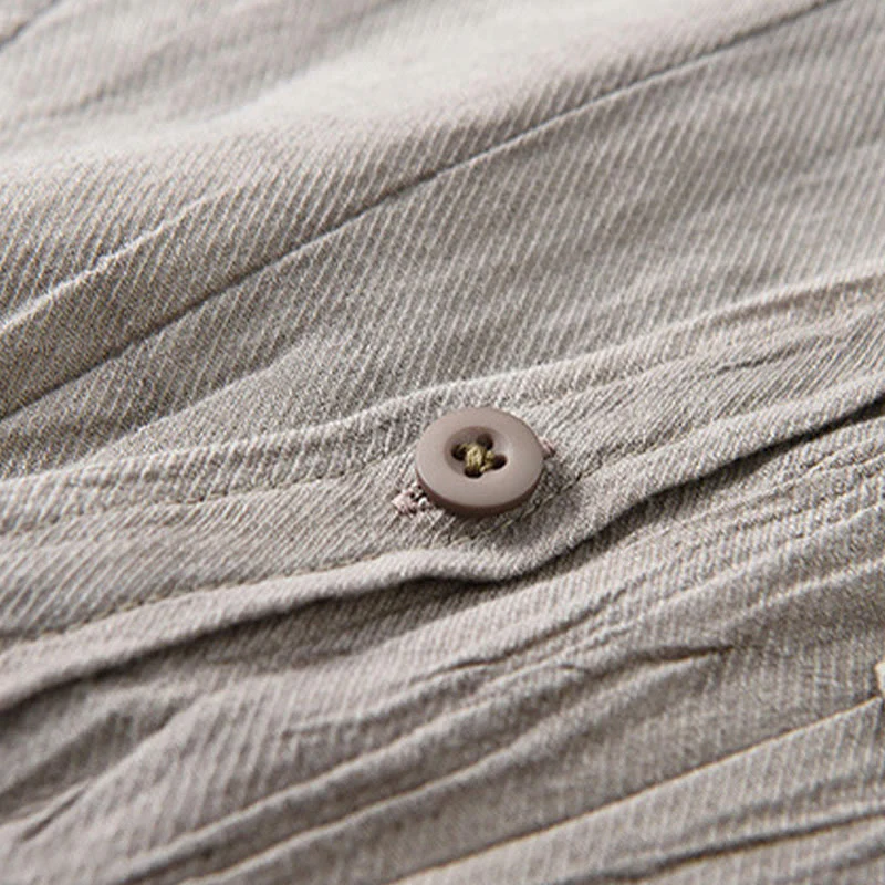 Buddha Stones Retro Pleats Buttons Men's Long Sleeve Ramie Linen Shirt With Pockets