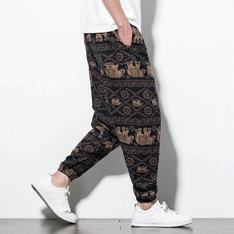 Buddha Stones Elephant Brown Black Print Cotton Men's Long Cropped Harem Pants With Pockets