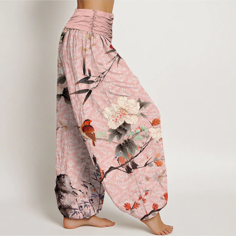 Buddha Stones Warbler Bird Blooming Flower Branches Mandala Pattern Women's Elastic Waist Harem Pants