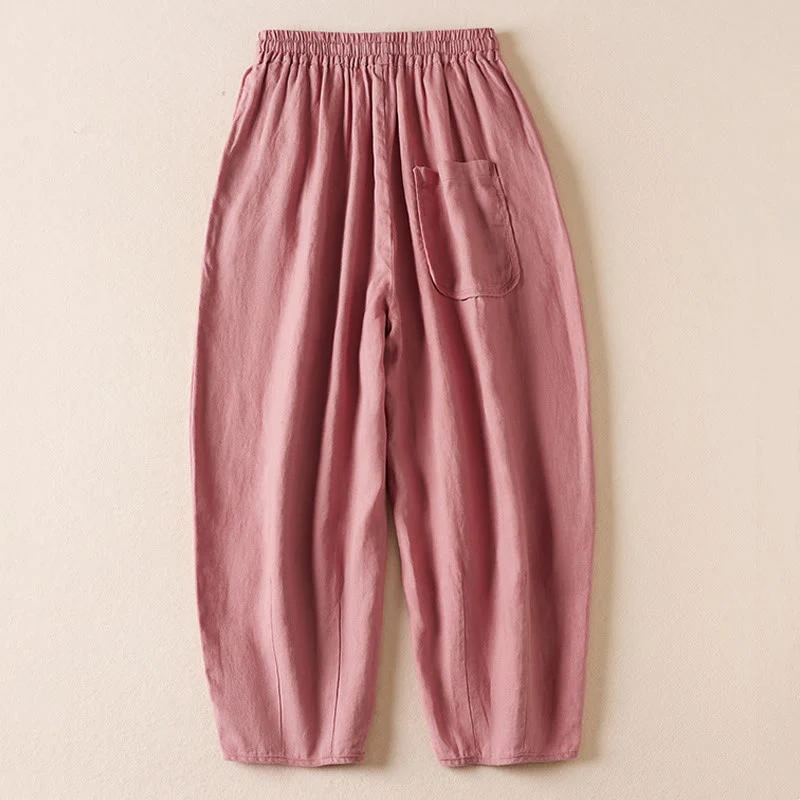 Buddha Stones Summer Small Flower Embroidery Cotton Linen Harem Pants With Pockets