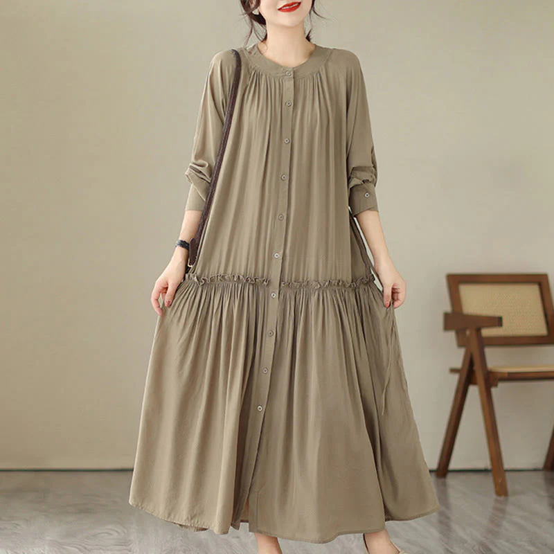 Buddha Stones Casual Plain Crew Neck Pleated Polyester Midi Dress With Pockets