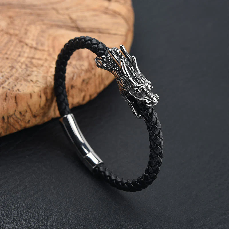 Buddha Stones Dragon Leather Titanium Steel Strength Buckle Bracelet