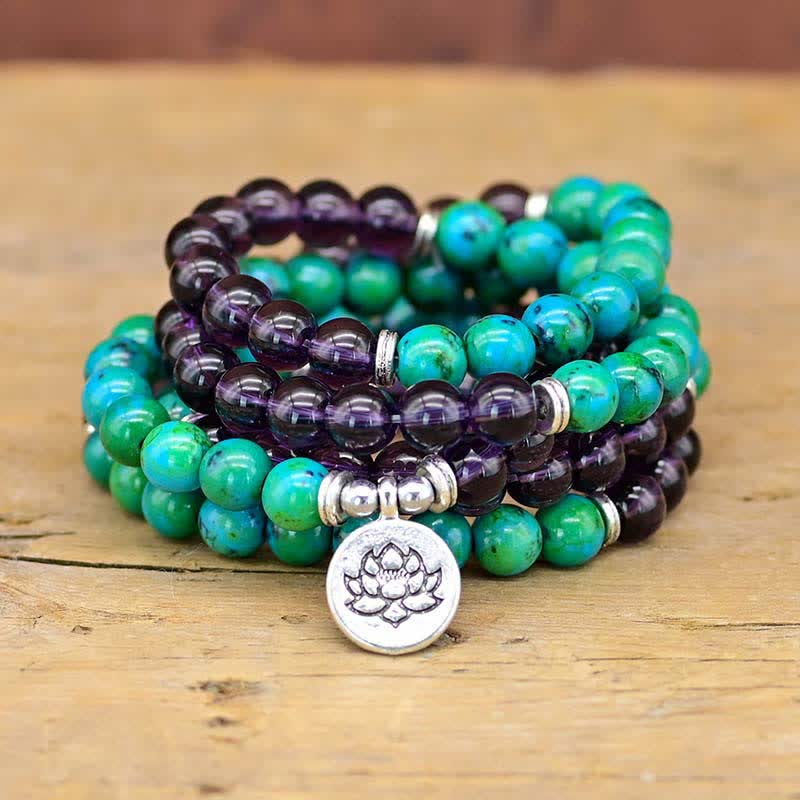 Buddha Stones Amethyst Green Aventurine Spiritual Lotus Charm Bracelet