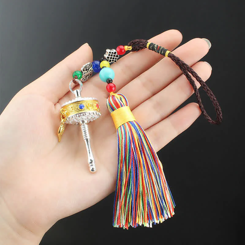Buddha Stones Tibet Om Mani Padme Hum Prayer Wheel Tassel Bag Car Hanging Decoration