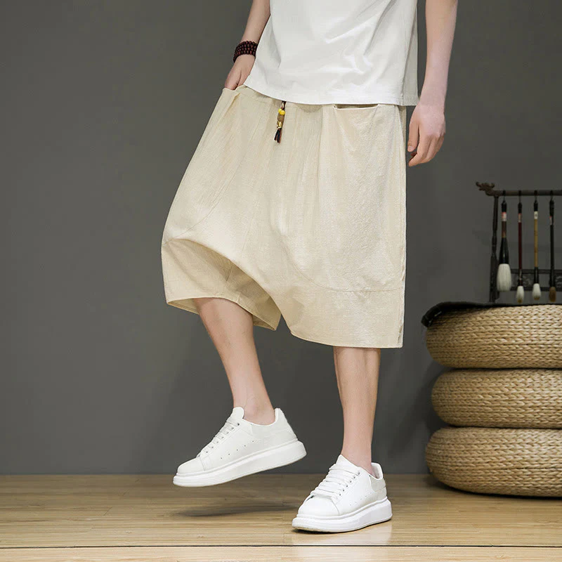 Buddha Stones Casual Drawstring Cotton Linen Men's Capri Harem Pants With Pockets