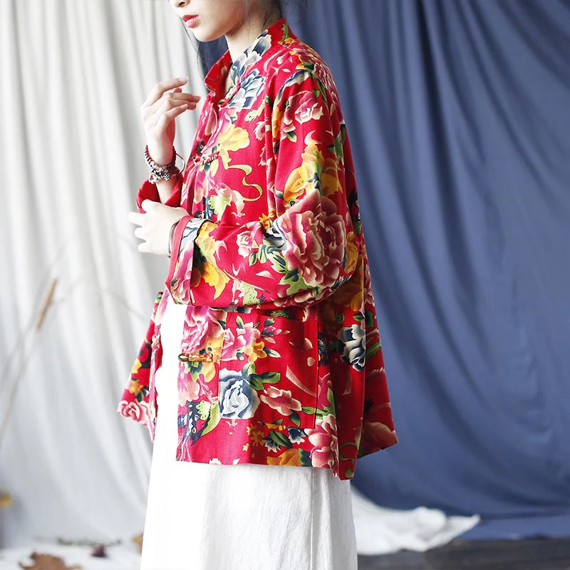 Buddha Stones Ethnic Red Flower Peony Frog-Button Cotton Linen Long Sleeve Shirt Jacket With Pockets