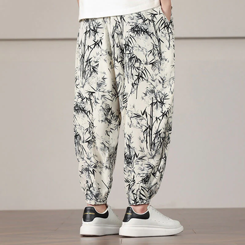 Buddha Stones Bamboo Leaf Pattern Drawstring Men's Harem Pants With Pockets