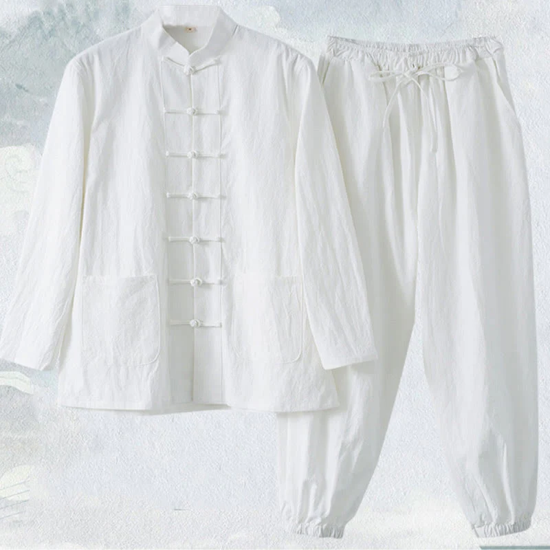 Buddha Stones Meditation Frog-Button Tang Long Sleeve Shirt Pants Men's Suit