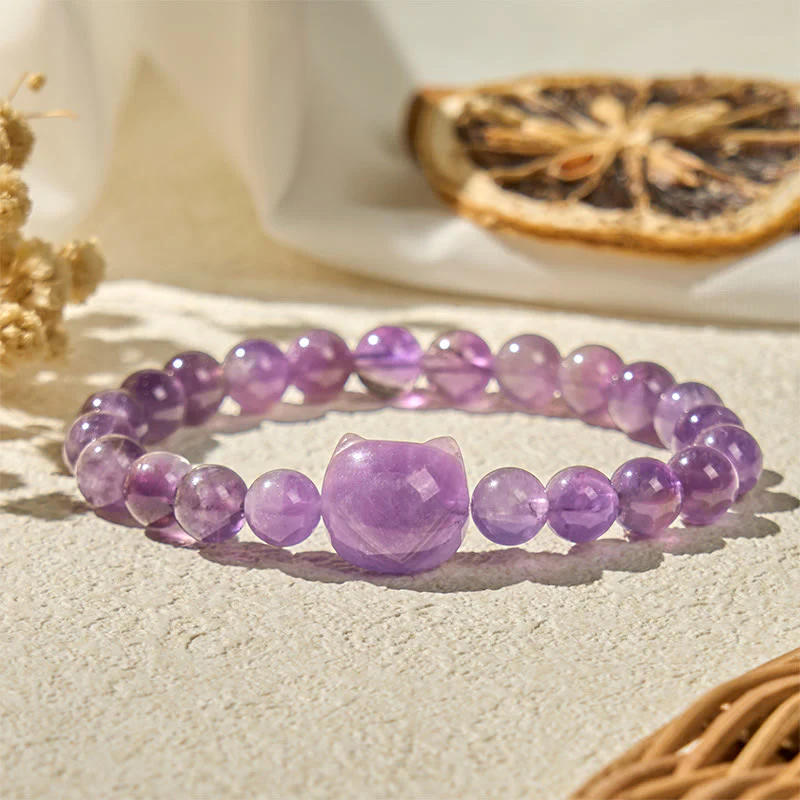 Buddha Stones Cute Cat Face Amethyst Spiritual Awareness Bracelet