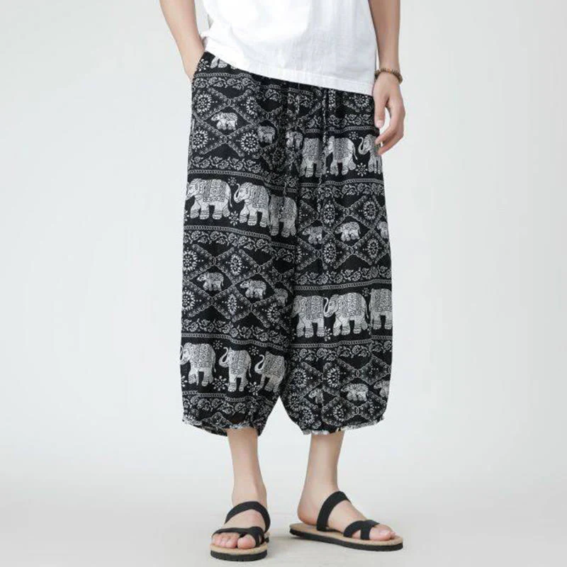 Buddha Stones Summer Square Patchwork Elephant Mandala Geometry Cotton Linen Men's 7-8 Length Pants With Pockets