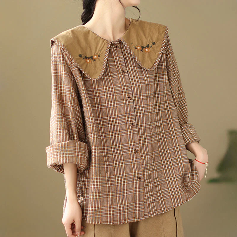 Buddha Stones Embroidered Plaid Pattern Cotton Women's Shirt