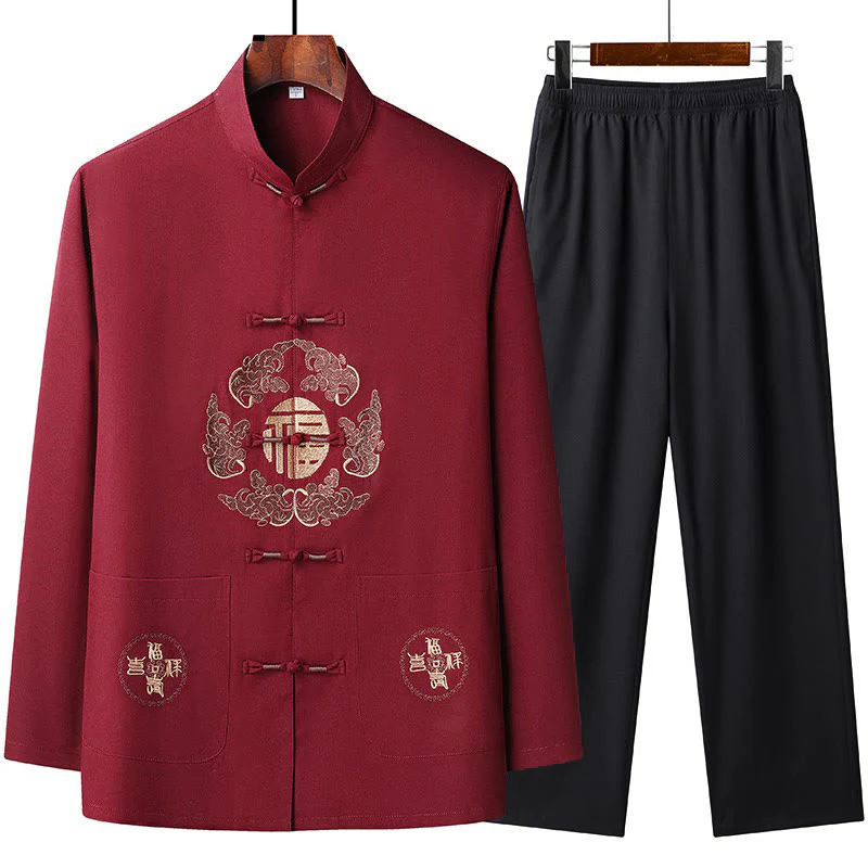 Buddha Stones Chinese New Year Embroidered Fu Tang Suit Hanfu Long Sleeve Top Pants Clothing Men's Set