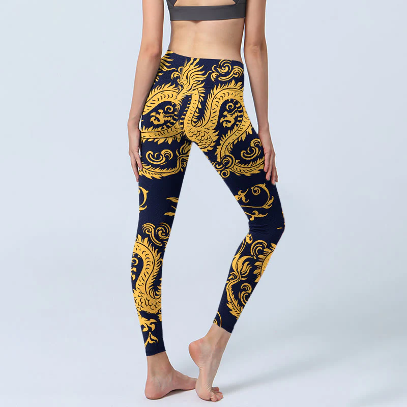 Buddha Stones Golden Dragons Vine Print Gym Leggings Women's Yoga Pants