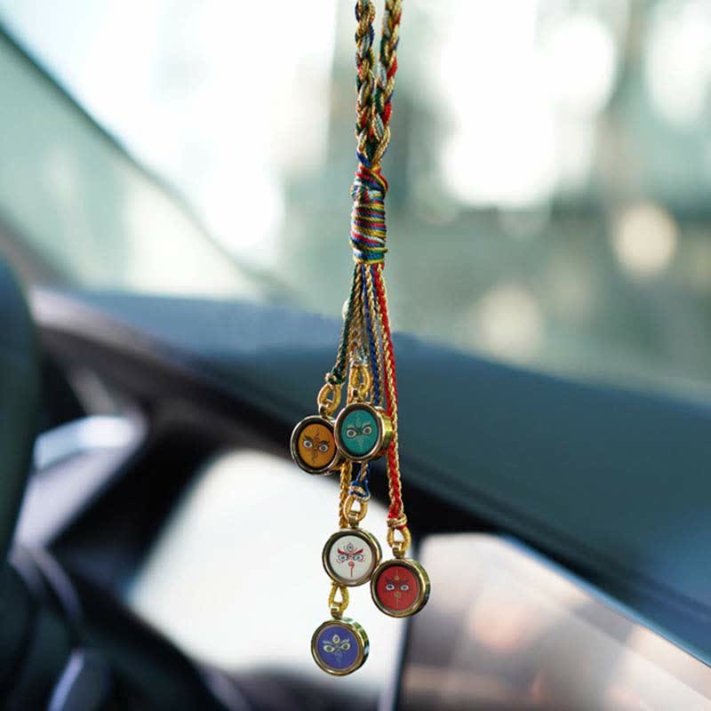 Buddha Stones Tibet Handmade Five God Of Wealth Thangka Protection Wall Car Hanging Decoration