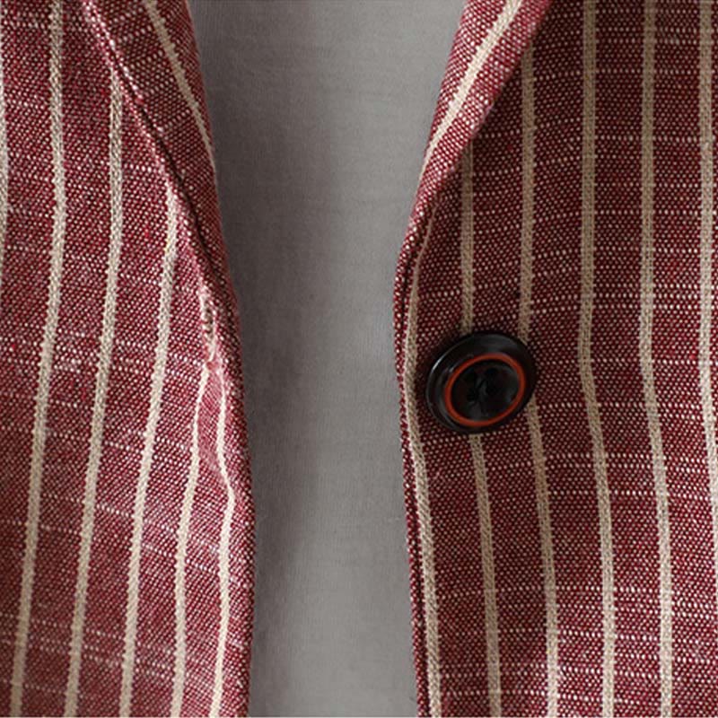 Buddha Stones Splicing Stripes Women's Cotton Linen Jacket With Pockets