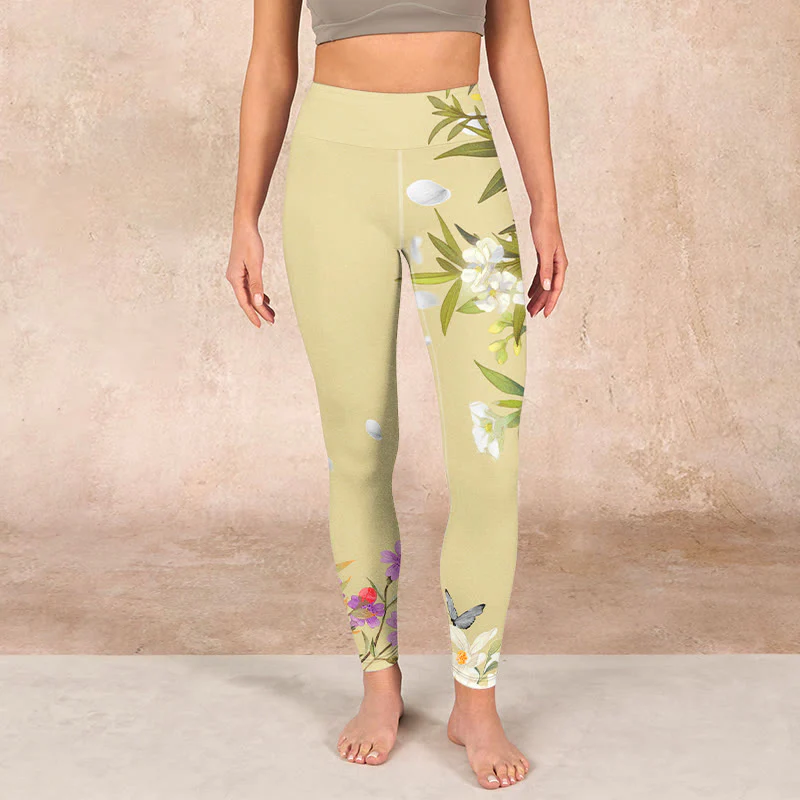 Buddha Stones Flowers Plants Butterfly Print Fitness Leggings Women's Yoga Pants