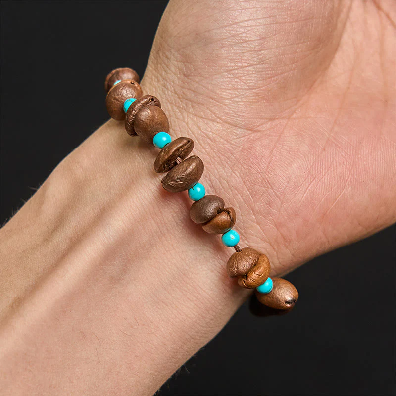 Buddha Stones Handmade Natural Coffee Beans Turquoise Beads Bracelet