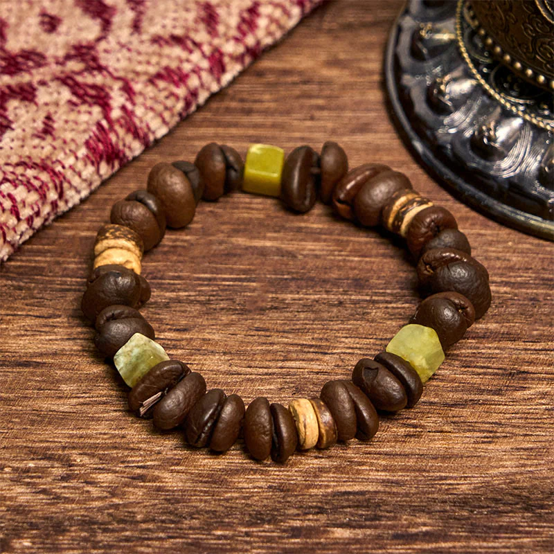 Buddha Stones Handmade Natural Coffee Beans Coconut Shell Square Jade Positive Bracelet